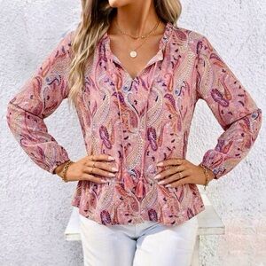NWT Les Serein Stitch Fix Pink Paisley Boutique Top Ruffle Blouse Split Neck 2XL